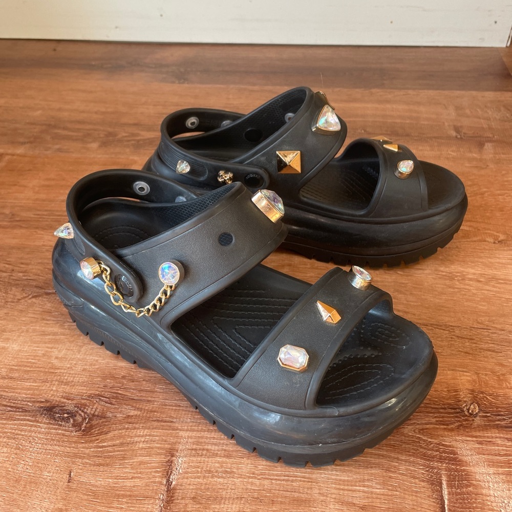 Crocs Mega Crush Platform Sandals Slingback Womens Size 9 Black Jibbitz Punk #
